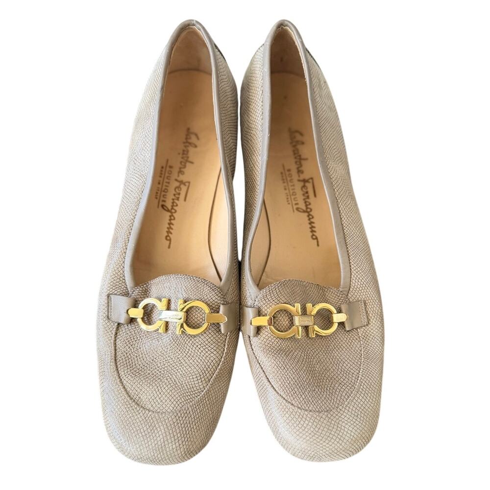 Ferragamo Taupe Light Gray Gold Gancini Square Toe Heeled Loafer Preppy Career